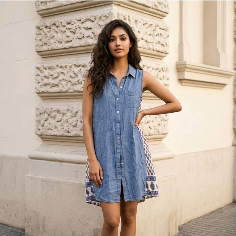 ODDY Chambray Floral Boho Tunic Mini Dress Sleeveless Lagenlook Top M Artsy Chic